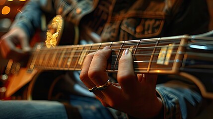 Fototapeta premium Guitarist's fingers sliding down the fretboard, captured in a fast-paced solo