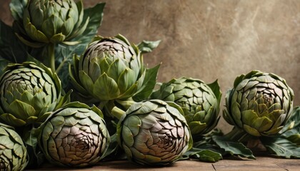 Fototapeta premium Fresh Green Artichokes on Rustic Wooden Background.