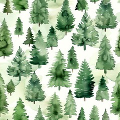 Fototapeta premium Watercolor green Christmas trees seamless repeating pattern, minimal pattern, high contrasty 