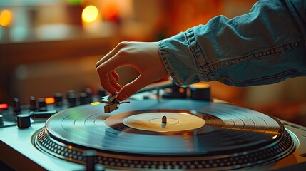 Fototapeta premium Hands placing a vinyl record gently on a turntable, with soft ambient light