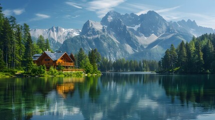 Tranquil Mountain Retreat by Pristine Lake Surrounded by Lush Forests and Rugged Peaks