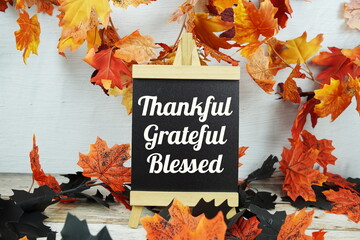 Thankful, grateful and blessed inspirational words  with maple leaf decoration
