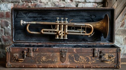 Fototapeta premium Brass trumpet with intricate engravings, resting on a velvet-lined case