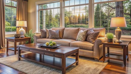 Fototapeta premium Warmly lit cozy living room with plush couch, dark wood coffee table, table lamps, and large window with natural light.
