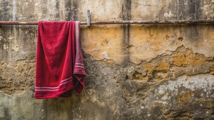 Weathered red towel droops on worn cement wall, faded by time, surrounded by subtle Azores Island imperfections, Sao Miguel, Portugal.
