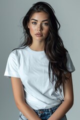 Obraz premium White tshirt mockup on woman model created with Generative AI