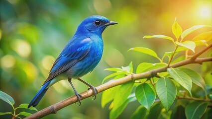 Obraz premium Isolated majestic peacock perched on moss-covered branch amidst lush green forest foliage, vibrant feathers glisten in warm sunlight.