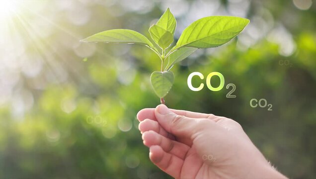 Woman hand hold plant on blur green tree background. with CO2 icon slowly show up. Reduce carbon emissions to limit global warming and climate change. Ecology, environmental, nature, concept. 4k VDO