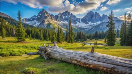 Rugged, weathered Whitebark Pine log lies isolated on a remote alpine meadow, surrounded by towering mountain peaks and wilderness.