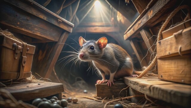 Tiny rodent navigates narrow crevices of cluttered abandoned attic, dusty trunks, and cobweb-covered boxes in dimly lit, cramped environment. - Powered by Adobe