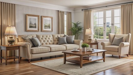 Fototapeta premium Neutral beige plush three-seater sofa paired with a single accent chair and wooden coffee table in a cozy living room.