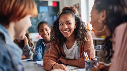 Obraz premium A teacher guiding students through a group activity, fostering collaboration in an engaging classroom