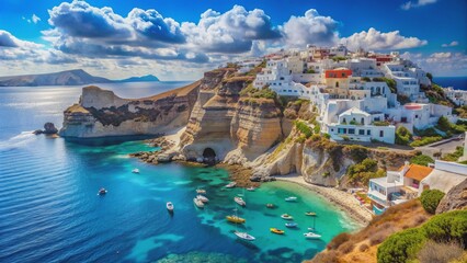 Fototapeta premium Vibrant turquoise waters lap against ancient limestone cliffs amidst serene whitewashed villages in a breathtaking Greek island panorama.