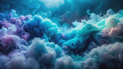 Vibrant swirling clouds of turquoise and indigo misty fog texture with subtle shimmering silver nuances on dark gradient backdrop.