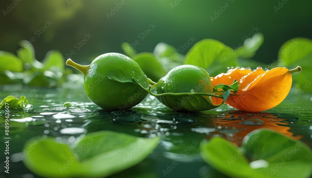 Poster green and orange fruit on water with leaves.