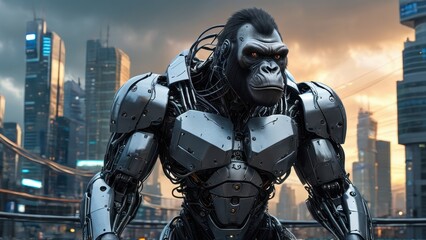 Naklejka premium Cyborg Gorilla in a Futuristic City.