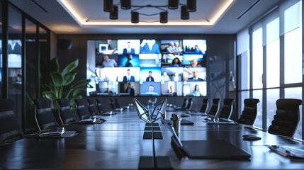 A video conference call with business professionals from different locations, displayed on a large screen in a modern meeting room
