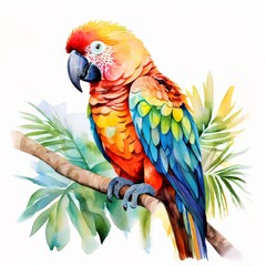 Fototapeta premium Colorful Parrot on Branch Watercolor Painting.