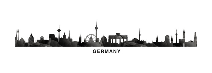 Germany country skyline, cities panorama. Vector banner or long logo with abstract texture. Berlin, Bremen, Munich, Leipzig, Dortmund silhouette, isolated graphic