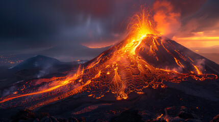 Nighttime Fury: Volcano Eruption at Night, Fiery Orange Lava Glows Against the Dark Sky