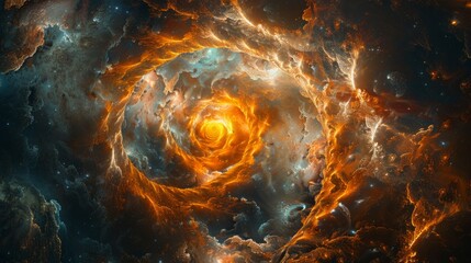 Astrology-themed illustration of a golden spiral in space, surrounded by celestial bodies and nebulae, showcasing the beauty of the golden ratio. AI Generative.
