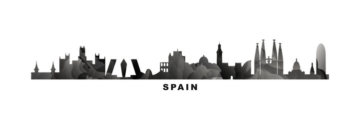 Fototapeta premium Spain country skyline, cities panorama. Vector banner or long logo with abstract texture. Madrid, Barcelona, Valencia, Alicante silhouette, isolated graphic