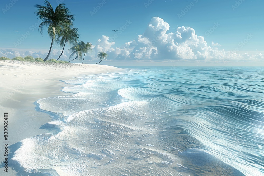 Canvas Prints Pristine white sandy beach with palm trees and blue sky in a serene vibrant photograph