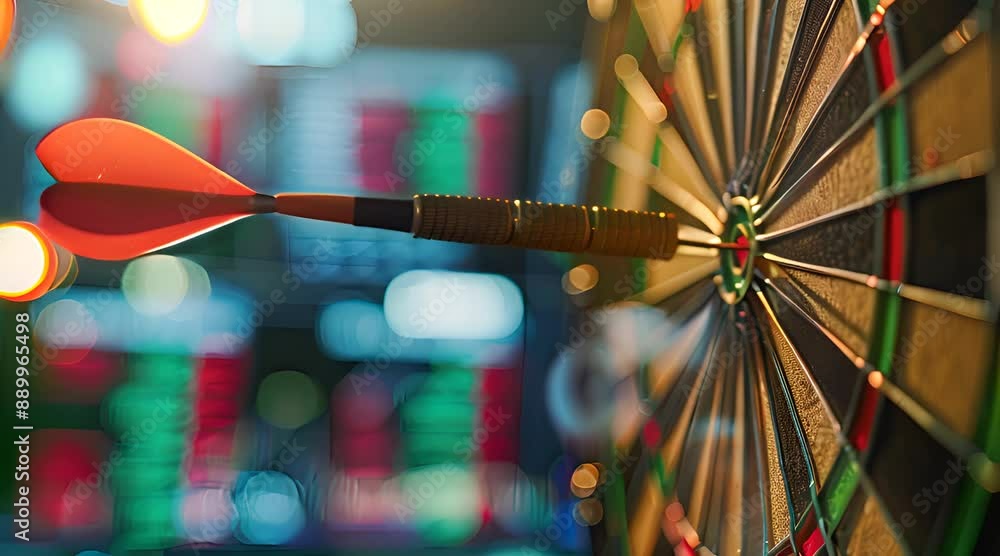 Poster close-up of dart stuck on target with stock market background