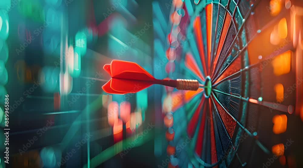 Poster close-up of dart stuck on target with stock market background