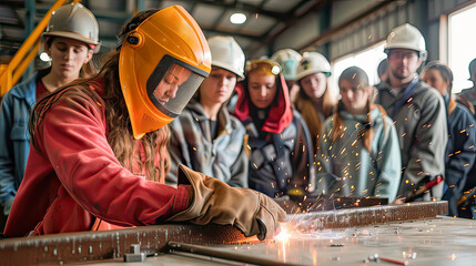 Portrait industrial worker craft labour factory welding steel structure with spark.Generative AI