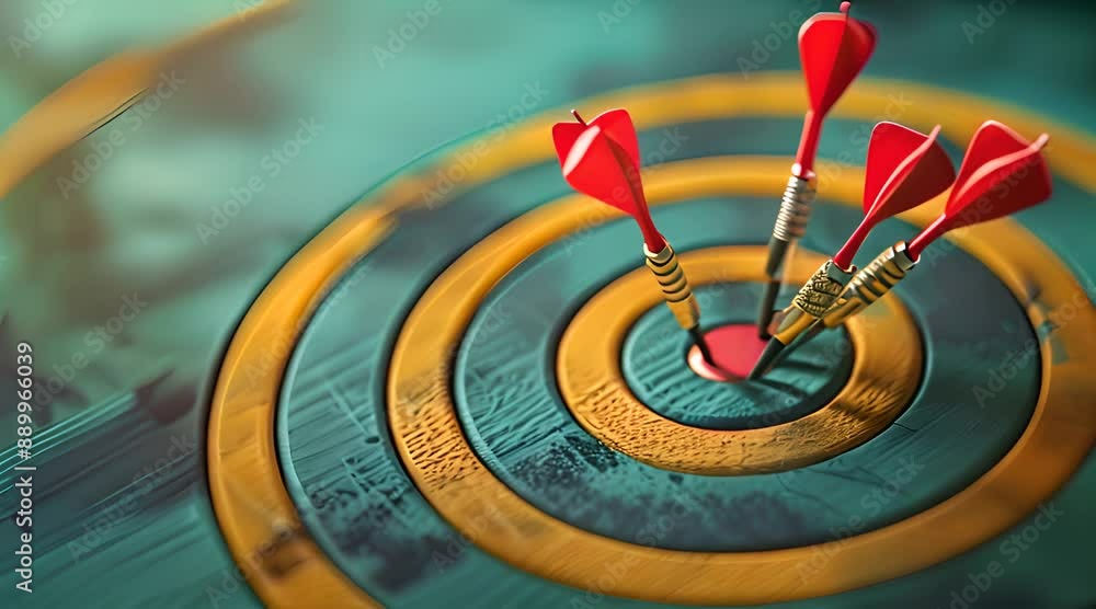 Poster close-up of dart stuck on target with stock market background