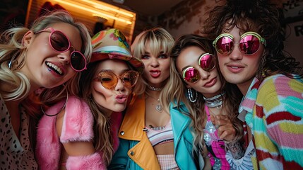 Fototapeta premium Group of fashionable friends posing playfully in retro 80s-inspired outfits at a themed costume party