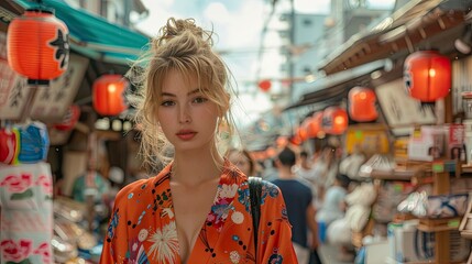 Obraz premium Candid street style photo of a trendy woman in a vibrant kimono, walking through a bustling Asian market