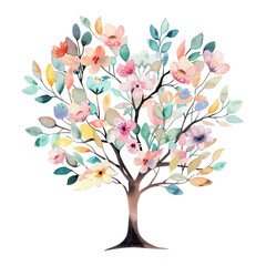 Obraz premium Watercolor Floral Tree with Colorful Blossoms and Leaves Illustration