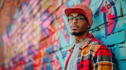 Obraz premium Fashionable young man in trendy streetwear, posing confidently against a colorful graffiti-covered wall