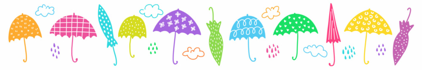 Vector horizontal collection of cute hand-drawn umbrellas in doodle style