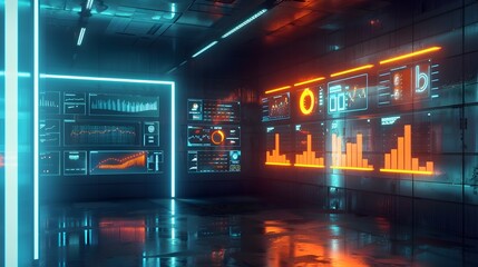 Fototapeta premium Futuristic Digital Analytics Dashboard with Neon Lighting Promoting Brand Loyalty
