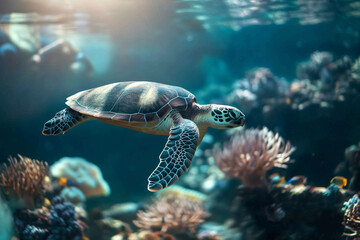 Marine Turtle Swimming Over Corals in Crystal Clear Ocean Water