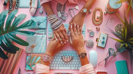 Fototapeta premium Close-up of a fashion blogger's hands arranging flat lay accessories for a stylish Instagram post