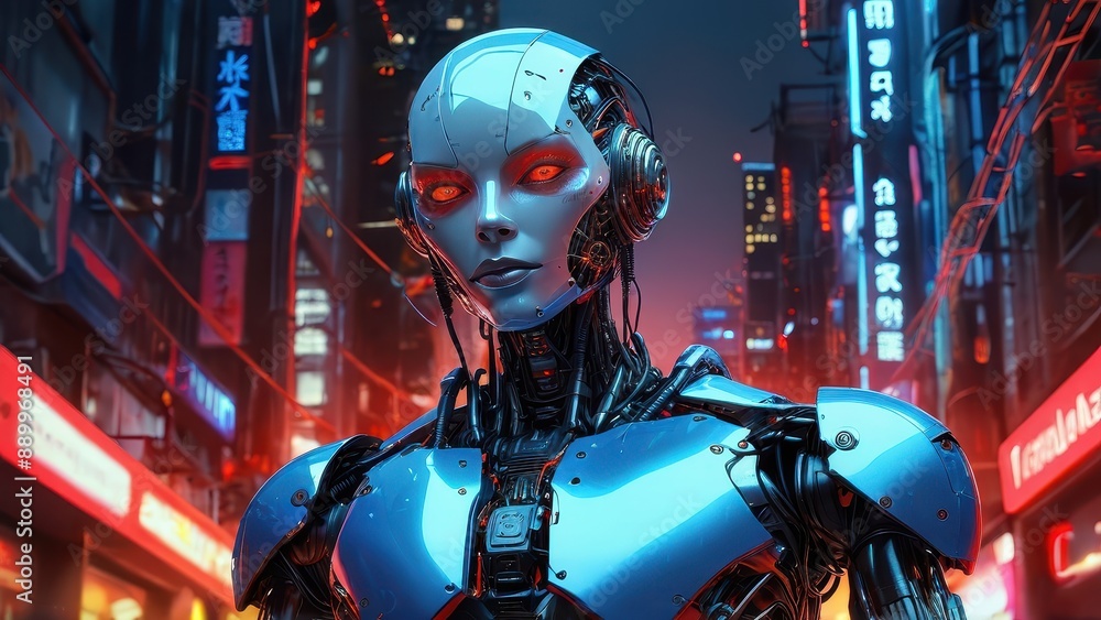 Poster Cyborg Woman in Neon City