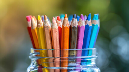 Fototapeta premium A glass jar filled with a rainbow of colored pencils, perfect for art projects and creative expression.