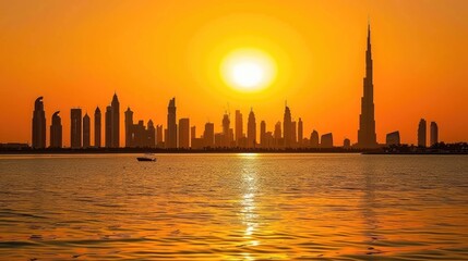 Obraz premium A majestic view of the skyline at sunset, with the city's skyscrapers silhouetted against the orange sky