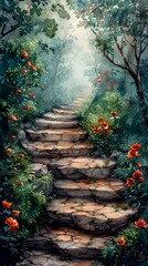 Watercolor painting of an enchanting garden with a stone path, copy space banner, vintage background