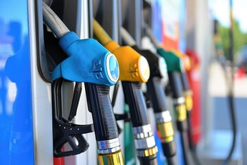 A row of colorful fuel nozzles is ready for filling at a gas station, with a bright blue nozzle in the foreground