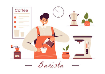 Barista Vector Illustration Wearing an Apron, Standing and Whipping Milk into a Coffee Mug for a Customer in a Flat Style Cartoon Background