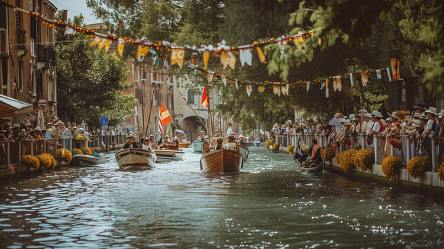 Regata Storica festival, antique boats racing on the canal with decorated flags, Ai generated Images