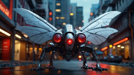 Futuristic Insect Robot in City.