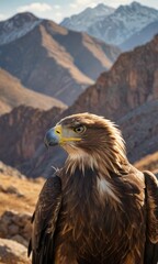 Fototapeta premium Golden Eagle Portrait Against Mountain Background.