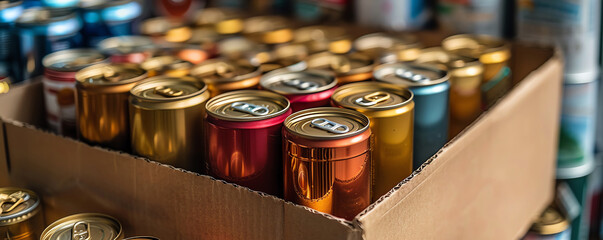 Colorful assortment of drink cans in a cardboard box, perfect for beverage and packaging themes. High-quality stock photo for various uses.