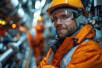 Confident mechanic in safety gear poses in engine room of industrial offshore supply ship